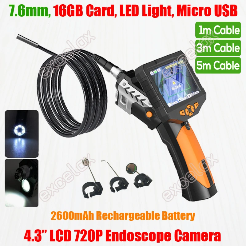 

NEW 720P HD Handheld 7.6mm 1M 3M 5M Flex Endoscope Camera 4.3" LCD Monitor LED Flashlight Snake Tube Pipe Inspection Borescope