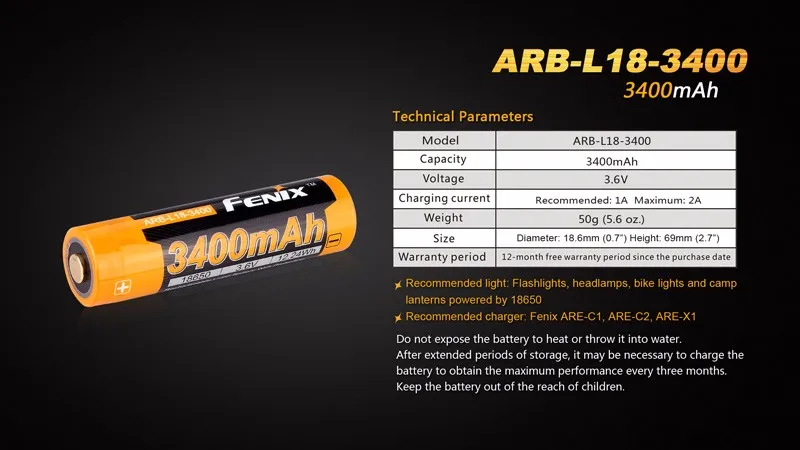 Fenix ARB-L18-3400/3500 литий-ионный аккумулятор 3400 мАч/3500 мАч 3,6 В перезаряжаемый аккумулятор 18650 для портативного освещения