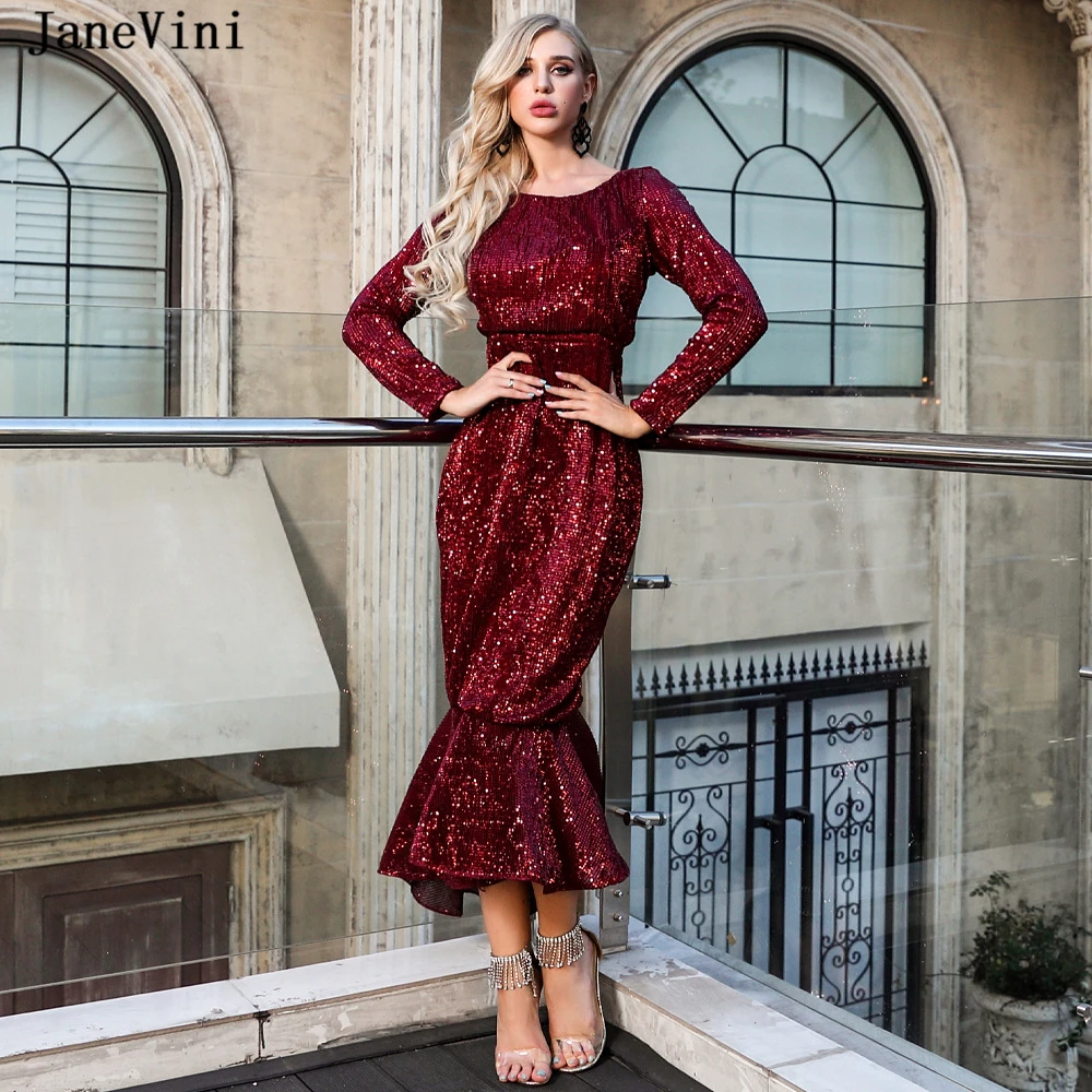 

JaneVini Sexy Burgundy Mermaid Cocktail Dresses Ruffles 2019 Scoop Neck Long Sleeves Sparkling Sequined Tea-Length Cocktail Jurk
