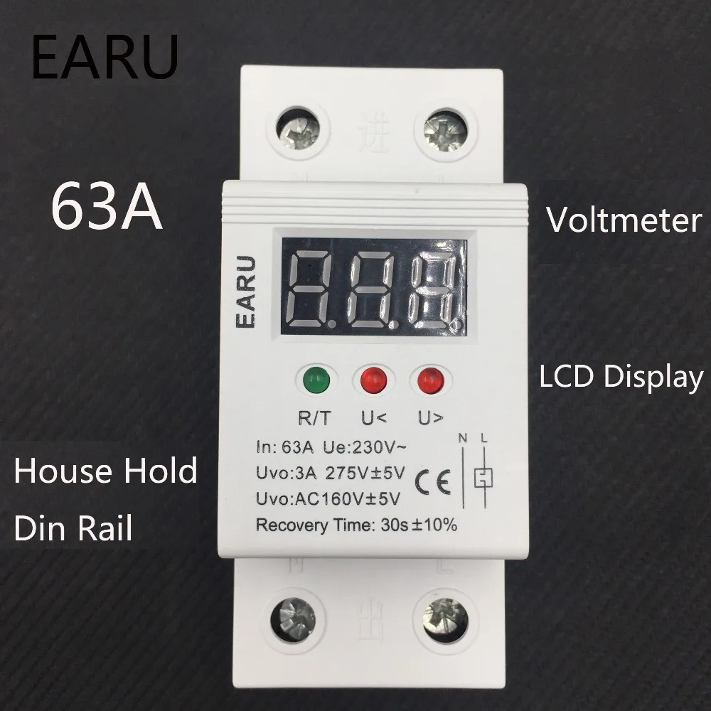 

1pc 63A 230V Self Recovery Automatic Reconnect Over & Under Voltage Protector Lightening Protection Relay LCD Voltmeter Monitor