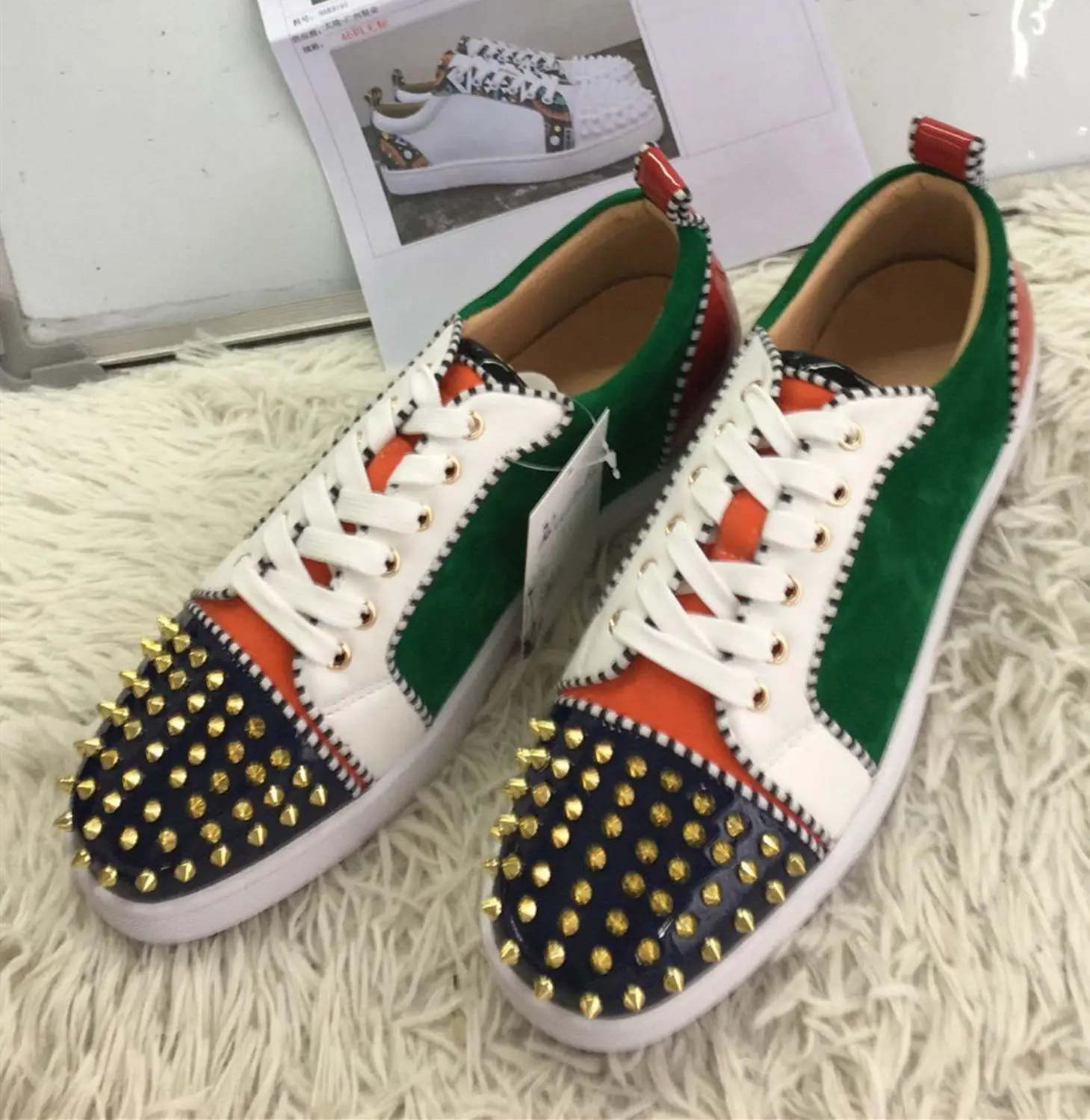 Beertola Mixed Color Men's Casual Flats Shoes Patchwork Spikes Head Lace Up Flock Luxury Brand Men Shoes Leisure Style Men Shoes 5