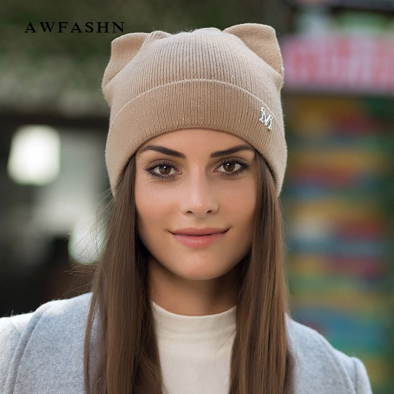 2018 nueva marca de moda señora gato orejas punto gorros sombrero invierno sombrero lana de alta calidad suave gorra algodón precioso mujeres de punto y gorros| - AliExpress