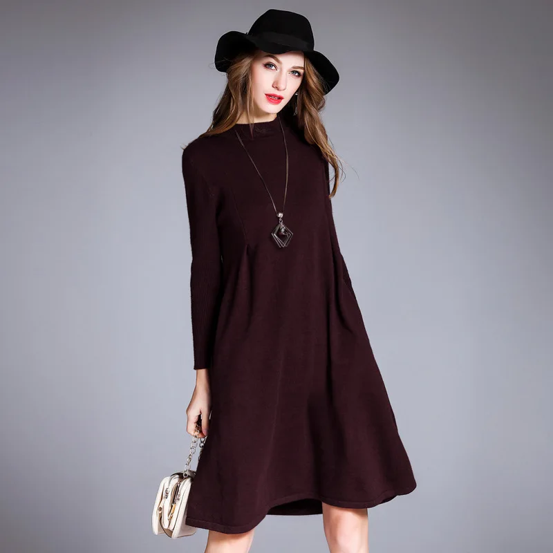 

Women Winter A Line Dress Office Ladies Wine red Green Black Loose Cashmere Wool Dress Women Long Sleeve Elastic Knitted Dress