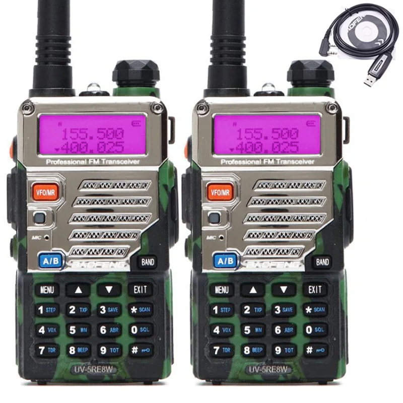 

2PCS BaoFeng UV-5RE 8W Camo Walkie Talkie Dual Band UV 5RE Two way Radio VOX Flashlight Handheld 10km With USB Programming Cable