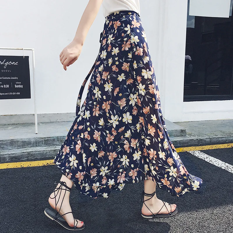 

Chiffon Halfway Summer Beach Chic Shredded Flower Skirt High Waist A Line Skirts Women Printed Mid-Calf Casual Skirt Female 2019