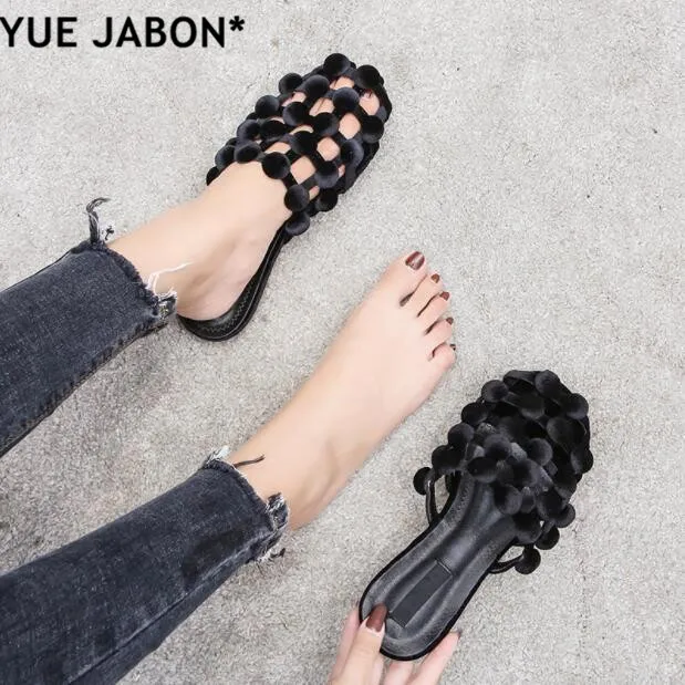 

YUE JABON Rhinestone Slipper Runway Leather Sandals Cuts Outs Beading Caged Woman Studded Slippers Slide Gladiator Sandals Shoes