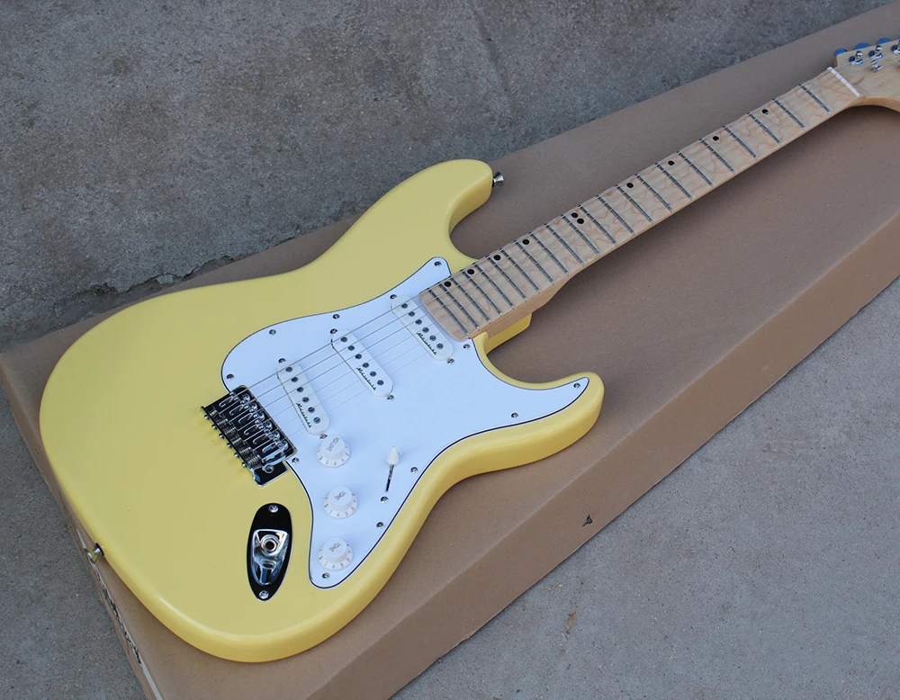 

Factory Custom Milk Yellow Electric Guitar with Big Headstock,Scalloped Maple Fretboard,SSS Pickups,offering customized services