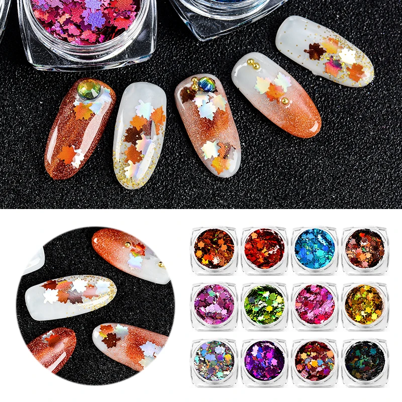 

T-TIAO CLUB 3D Maple Leaves Shape Laser Metal Nail Glitter Sequins Chromatic Nail Art Deocorations Holographic Paillette Tips