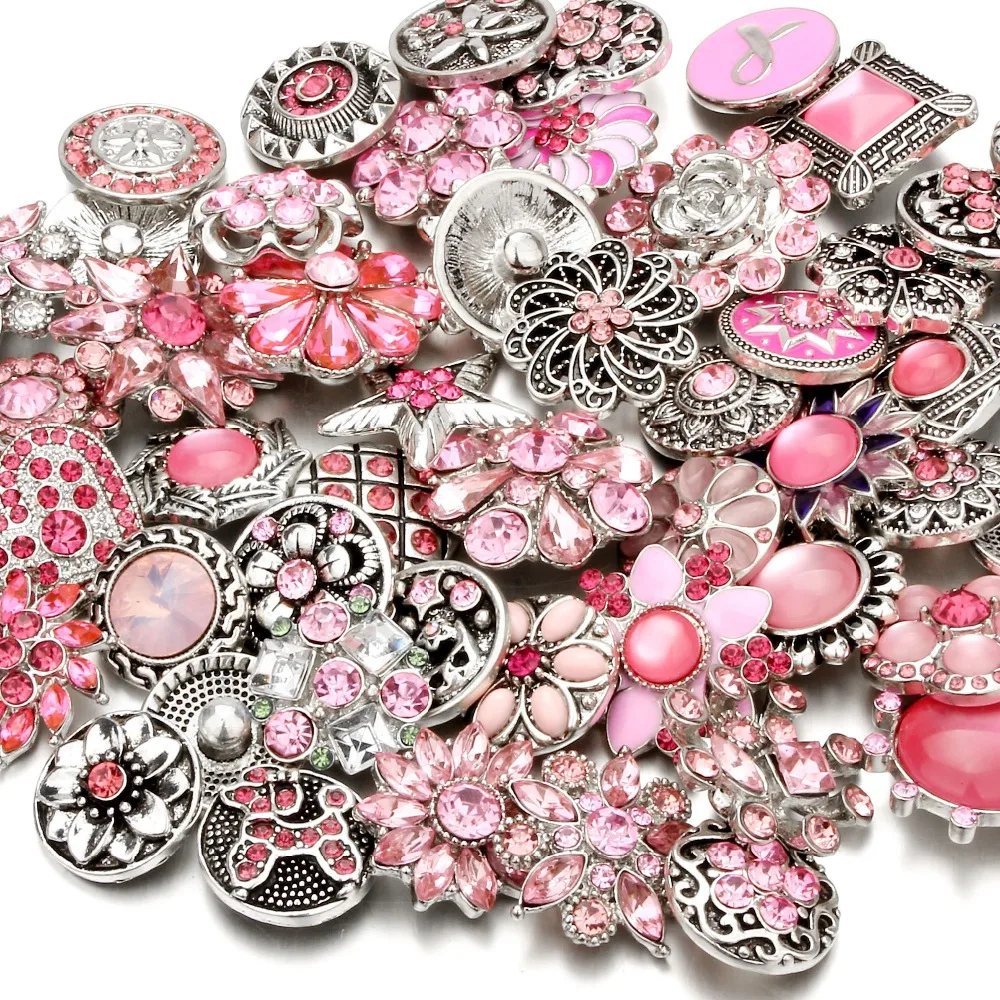 

High Quality 18mm Metal Snap Button Charm free style button with pink rhinestones Snap Button Jewelry TZ2072