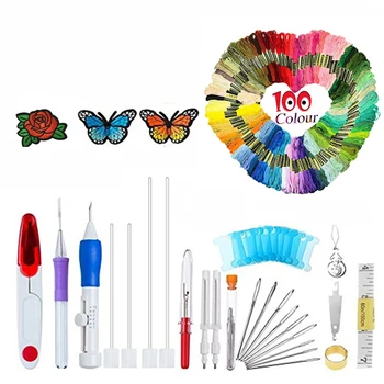 

Magic Embroidery Pen Punch Needle Set 100pcs Cross Stitch Floss EmbroideryThreads Scissors Sewing Needles Sewing Accessories Set