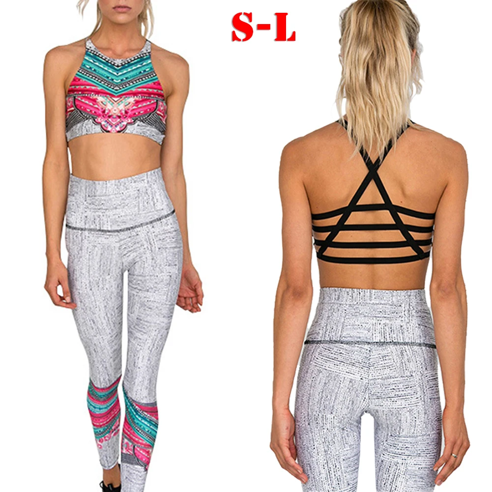 Популярный женский спортивный костюм из 2 предметов, комплект для йоги, бюстгальтер с цветочным принтом+ длинные штаны, спортивный костюм для фитнеса, женский спортивный костюм