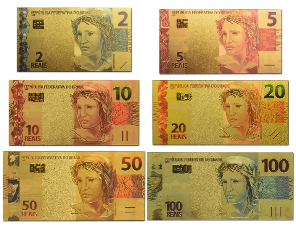 6 шт./компл. Цвет Бразилии реалов комплект Цветной 2 10 50 реалов золото банкнот коллекция