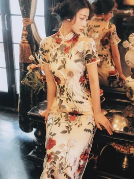 

2019 Summer Vintage Short Sleeve Embroidery Cheongsam Slim Long Organza Flower Dress Etnik Elbise Women's Dresses Transparent