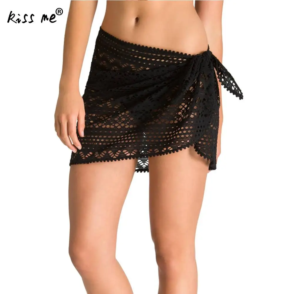 

Bikini Cover Up Solid Hollow Beach Shawl One Piece Lace String Style Beach Dress Summer Skirt Sun Protection Casual Suit
