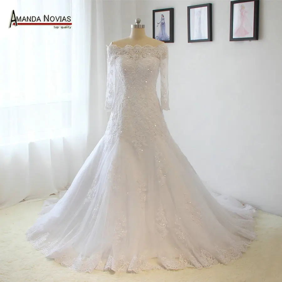 Высокое качество кружева длинные рукав с накладной аппликацией А-силуэта свадебное платье реальные фотографии
