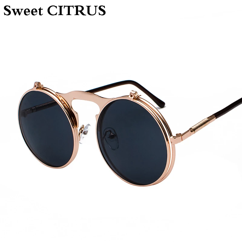 

Sweet CITRUS Vintage Steampunk Sunglasses Women Men Round Brand Punk Flip Reflective Sunglasses Retro Circle Sun Glasses UV400