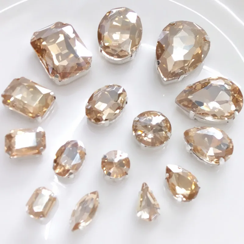 

Mixed Shapes Sizes Gold Champagne Color Sewing Glass Crystal Sew On Rhinestones with Claw Setting Women Summer Dress