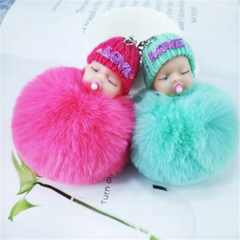 

WKOUD Sleeping Baby Doll Keychain Pompom Rabbit Fur Ball Key Chain Car Keyring Women Key Holder Bag Pendant Charm Accessories