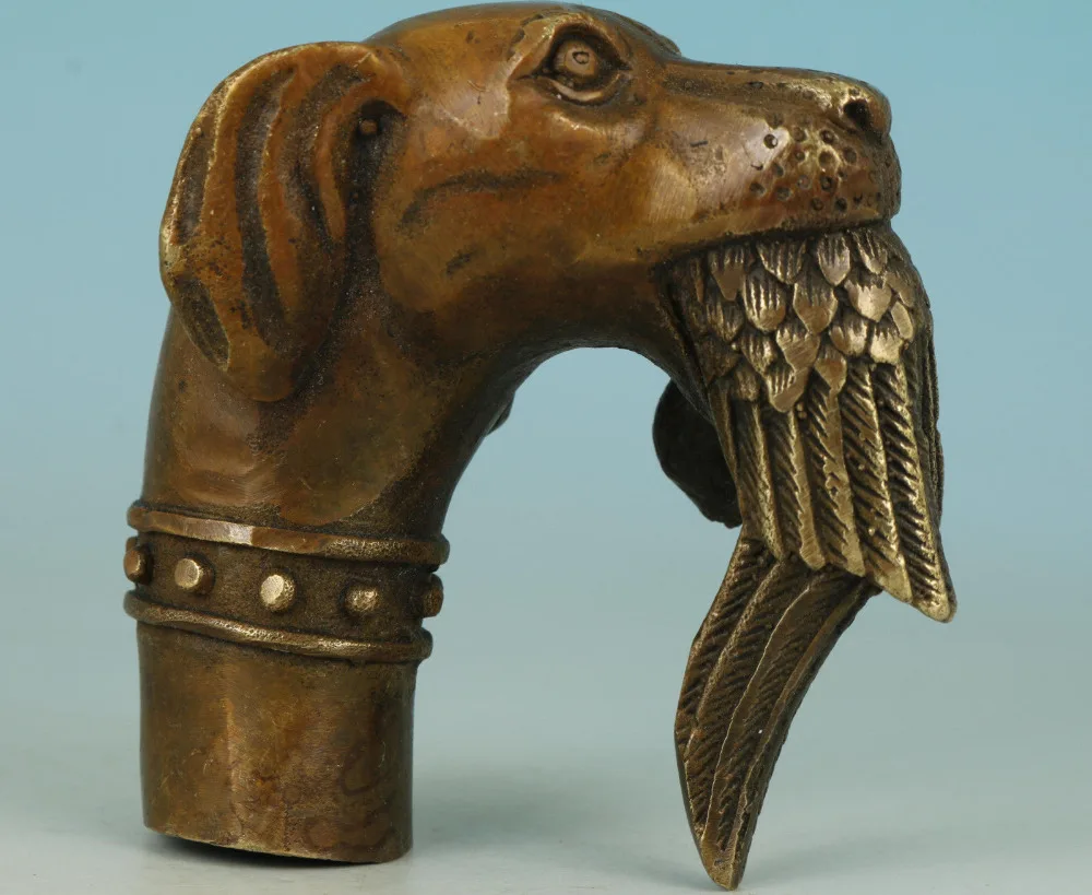 Chinese Old Bronze Hand Carved Dog Bitten Birds Statue Cane Walking Stick Head 