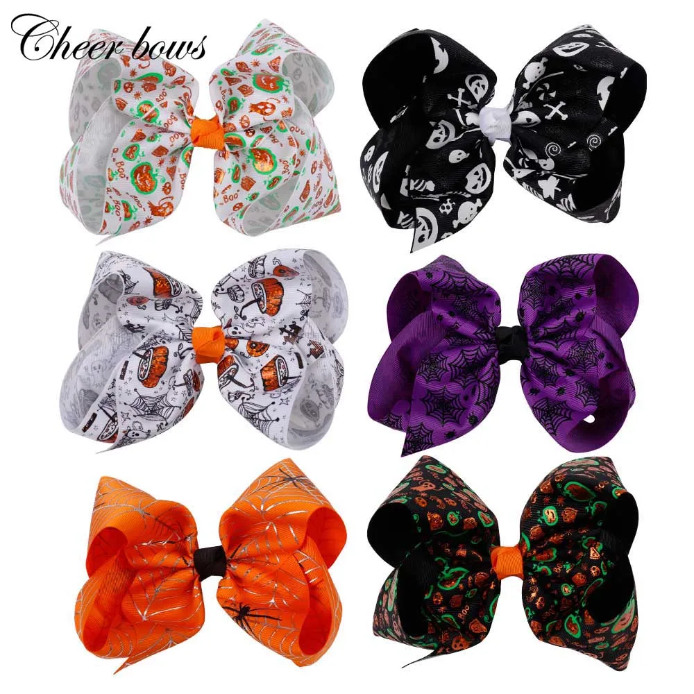 

6 Inch Large Halloween Printed Hair Bows Bling Pumpkin Spider Web Hair Clips For Teens Girls Festival Knotted Hair Accessories