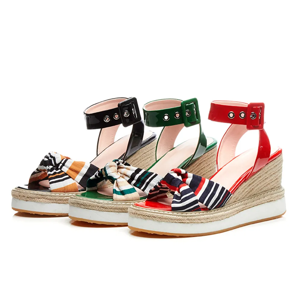 Asumer Sandalias Verano rojo Negro Plataforma Zapatos Cuñas 2018 verde De Elegantes Bohemia Moda Genuino Hebilla Mujer Cuero fqSwAfxr