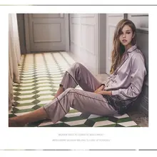 Женские сексуальные кружевные шелковые пижамные комплекты женские двухсекционные клетчатые летние весенне-осенние женские v-образная пижама с длинными рукавами YC3066