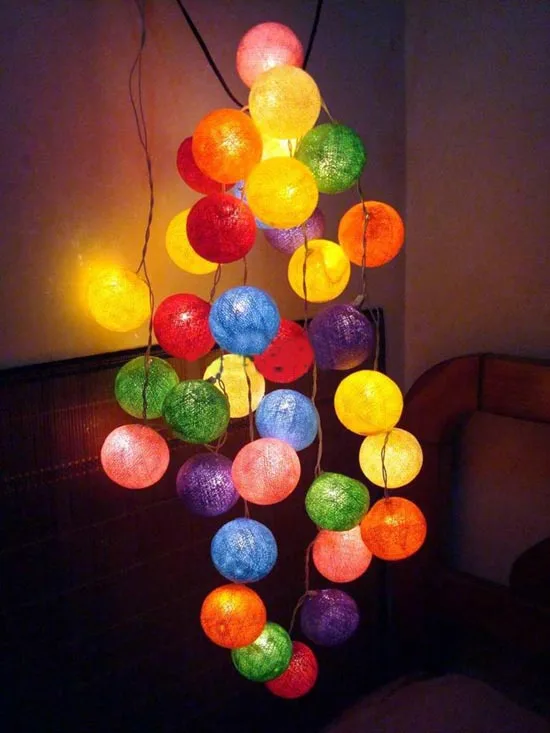 Thai Style Colorful Cotton Ball LED Battery Powered or US Plug String