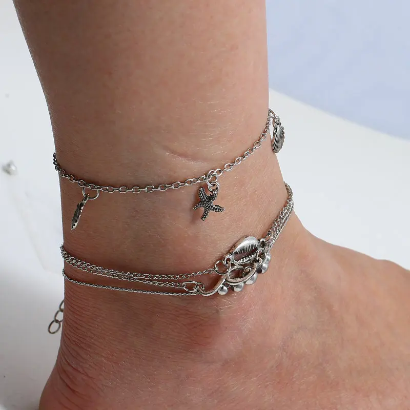 Серебряная, в стиле бохо ножные браслеты для женщин ракушка Морская звезда волна пляж лодыжки браслет на ноге Босиком Сандалии ножной браслет летние ноги ювелирные изделия