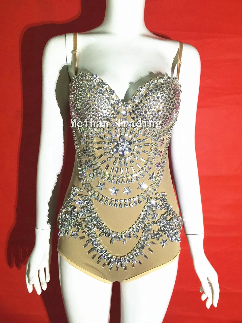 Sparkly Crystals Nude Bodysuit Women Nightclub One-piece Outfit Party Costume Stage Wear Leotard Bright Rhinestones Bodysuits