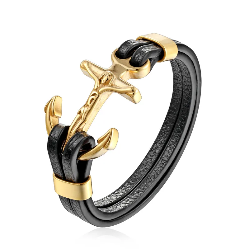 YIZIZAI Genuine Leather Anchor Bracelet Men Lion Double Wolf
