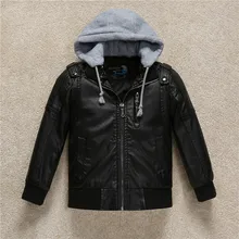 Пальто для мальчиков коллекция года, осенняя теплая черная Повседневная куртка с капюшоном из искусственной кожи для детей Зимние куртки для маленьких девочек и подростков, От 3 до 11 лет