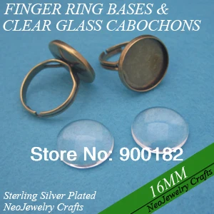 

16MM Antique Bronze Finger Ring Setting, Adjustable Blank Finger Ring Tray with Glass Cabochons to Match