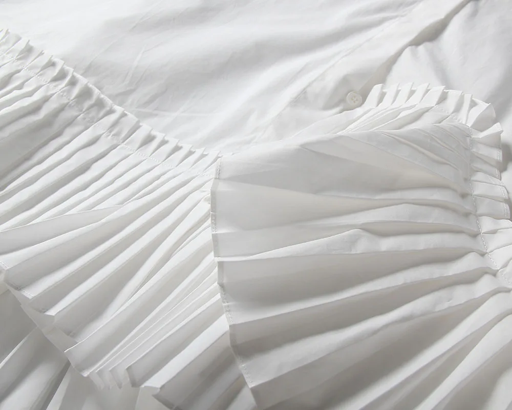 [EAM] новая осенне-зимняя белая свободная плиссированная Свободная рубашка со стоячим воротником с длинным рукавом и асимметричным подолом женская модная блузка JI824