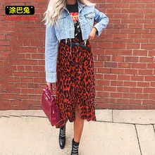 CR винтажные леопардовые длинные юбки с принтом Женская Осенняя юбка миди Высокая талия Асимметричные оборки Юбка зимняя нерегулярная Повседневная красная