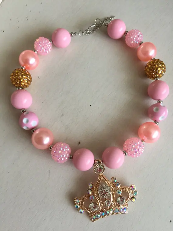

2pcs Pink Gold Girls Bubblegum Chunky Necklace, Chunky Bead Necklace,Children Necklace