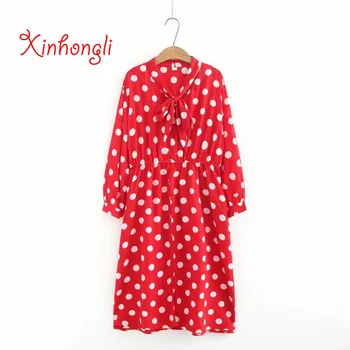 

Plus size Dot loose Fold Chiffon women dresses 2019 Spring summer casual ladies bow v-neck dress female vestidos