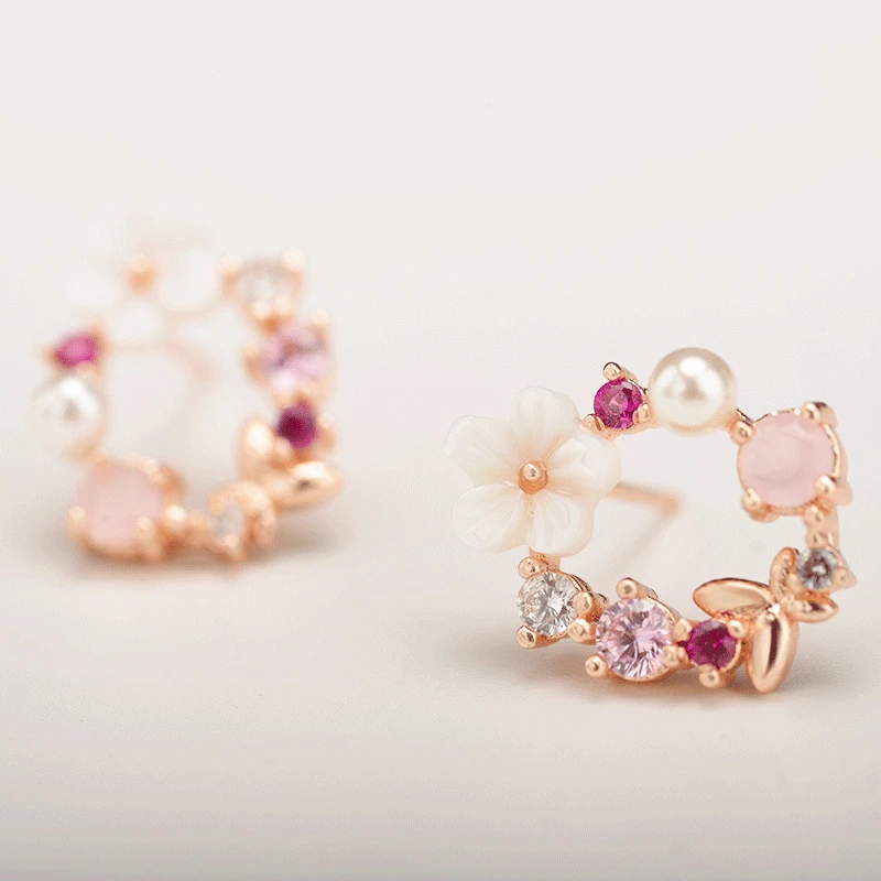 

Korean Sweet Cute Colorful Rhinestone Shell Flower Wreath Circle Stud Earrings for Women Fashion Jewelry Brincos Pendientes
