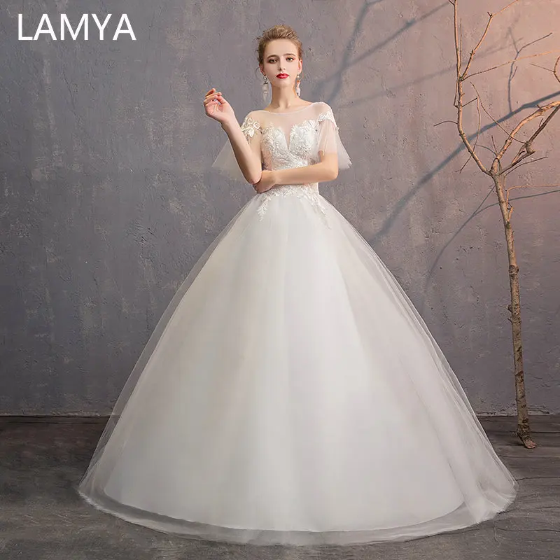 

LAMYA Vestido de Noiva Customized Ball Gown Wedding Dresses Elegant Embroidery Robe de Mariee Short Flare Sleeve Bridal Gown