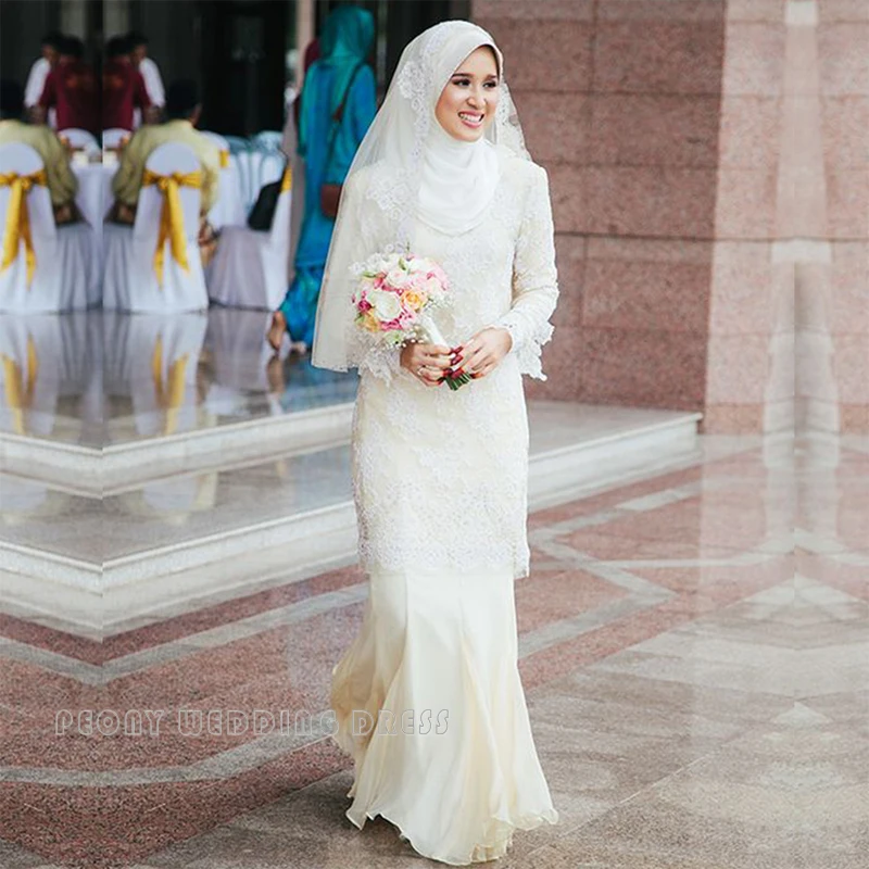 Mode Simple Mousseline de Soie En Dentelle Hijab Musulman Robes De Mariée Gaine De Mariage Musulman