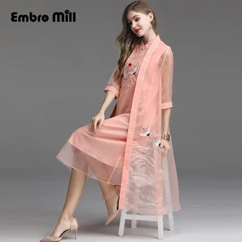 

High-end spring folk-custom intage embroidery Crane dress shawl Two-piece set fashion Retro Chinese style woman dress S-XXL