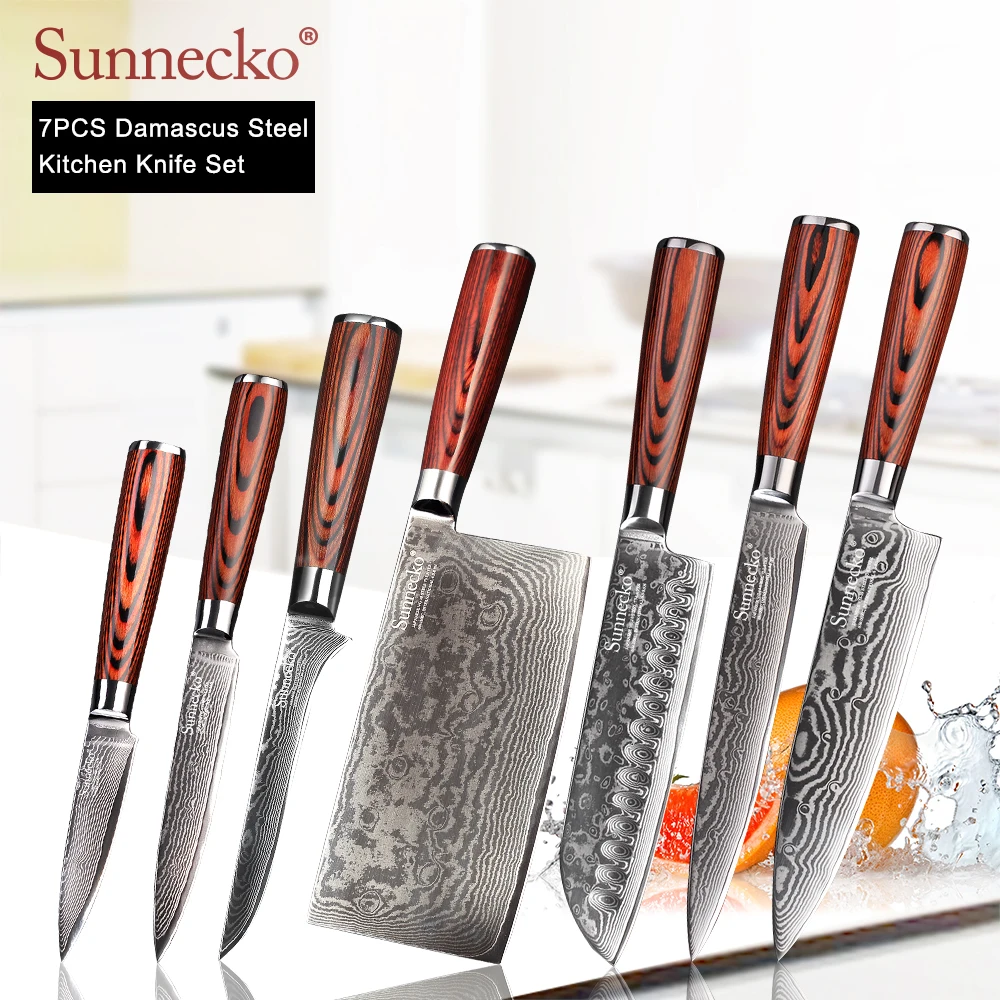 

SUNNECKO Damascus Chef Knife Japanese Kitchen Knives Set Sharp Utility Boning Santoku Slicing Paring Knives Pakka Wood Handle