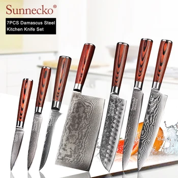 

SUNNECKO Damascus Chef Knife Japanese Kitchen Knives Sharp Utility Boning Santoku Slicing Paring Cleaver Knife Pakka Wood Handle