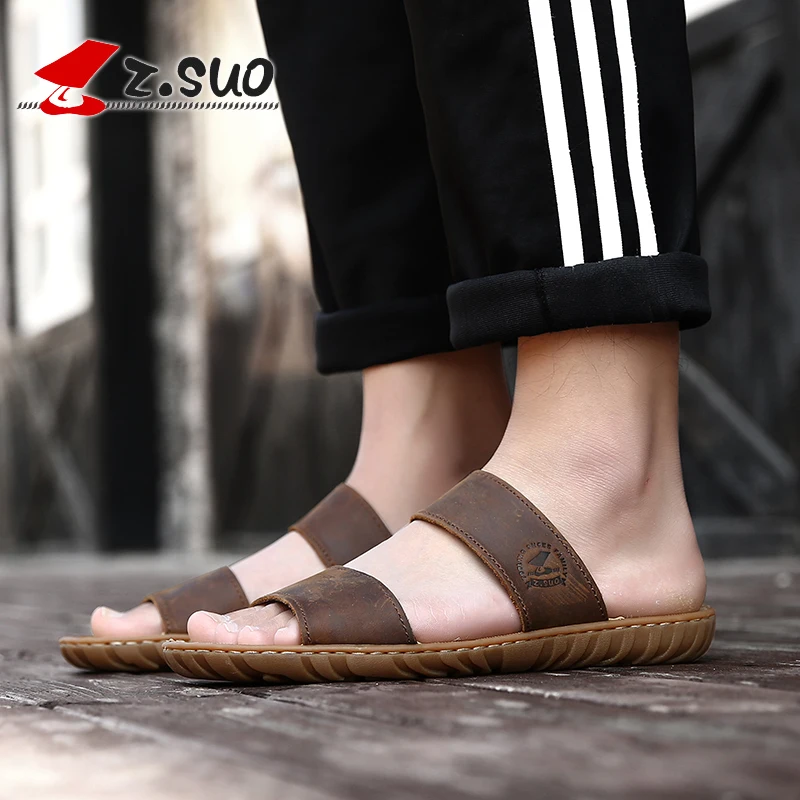 

Z.Suo 2019 Brown Men Slippers Big Size 45 46 47 Genuine Leather Outdoor Mens Flip Flops Fashion Beach Sandals Shoes For Men 619N