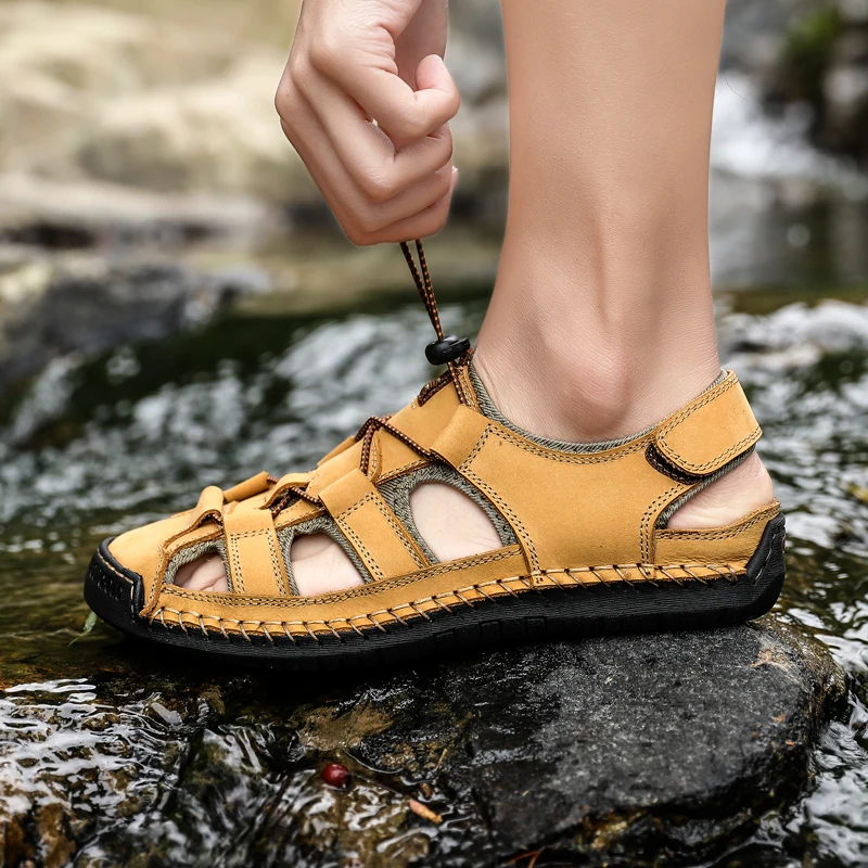 

Yomior Big Size 46 47 48 Summer New Men Casual Shoes Genuine Leather Vintage British Beach Travel Male Sandals Flats Slippers