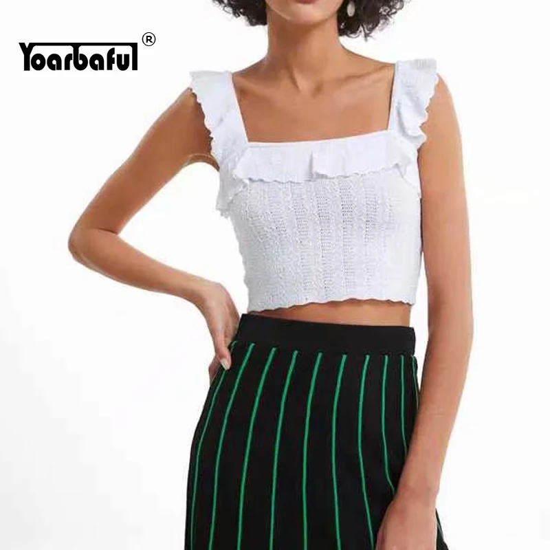 

2019 Summer Slim Knitting Camisoles Solid Color Ruffles Square Collar Tops Sexy Vacation Beach Crop Tops New Fashion
