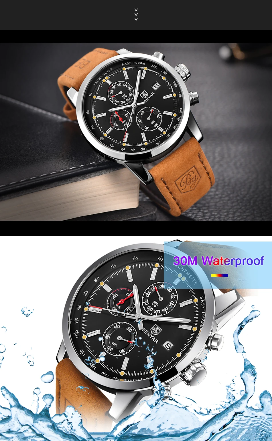 Men's Elegant Chronograph Luxury Wristwatch Details