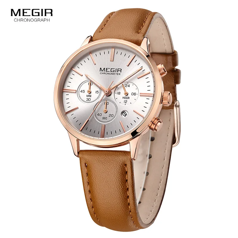 Kopen Megir Chronograaf Datum Indicator Bruin Lederen Band Quartz Horloge voor Vrouwen Ladies Fashion Gold Rose Horloge ML2011L 2