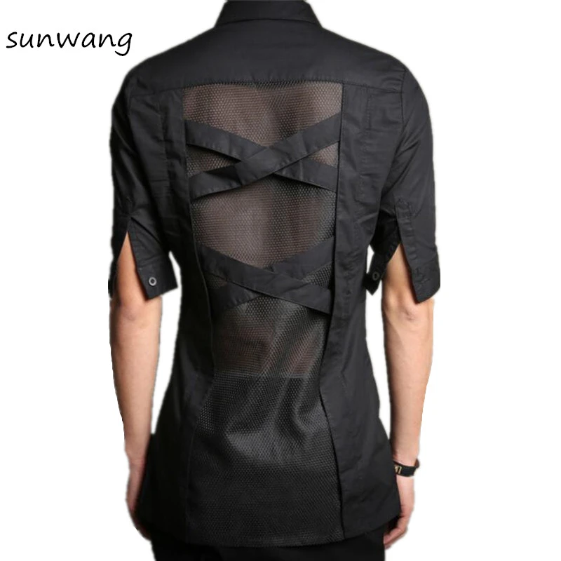 19 原宿ゴシック服ファッションカジュアルセクシーなメンズシャツ装着し 男性ドレス半袖パッチワークメッシュシャツ F Shirts Fashion Shirtsee Through Shirts Aliexpress
