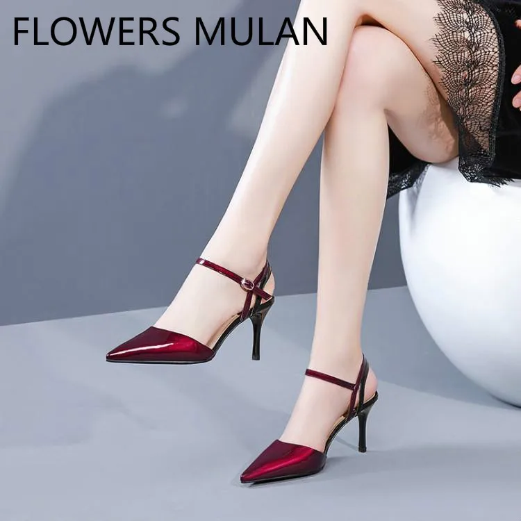 

Sexy Pointed Toe High Heels Womens Shoes Fashion Wine Red Black Shiny Leather Ladies Slingbacks Ankle Buckle Sandalias Mujer