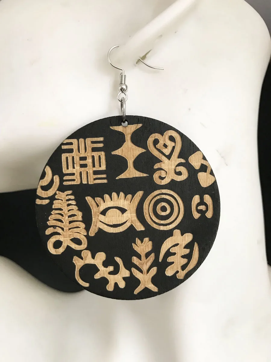 Африканский Символ Adinkra этнические круглые деревянные висячие серьги ювелирные